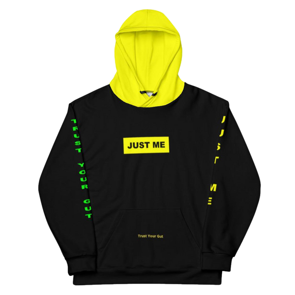 Hoodies4you "Just Me" "Trust Your Gut" Black w/Green Letter and Yellow Hood