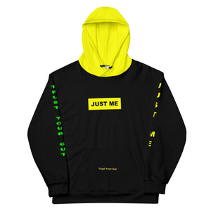 Hoodies4you "Just Me" "Trust Your Gut" Black w/Green Letter and Yellow Hood
