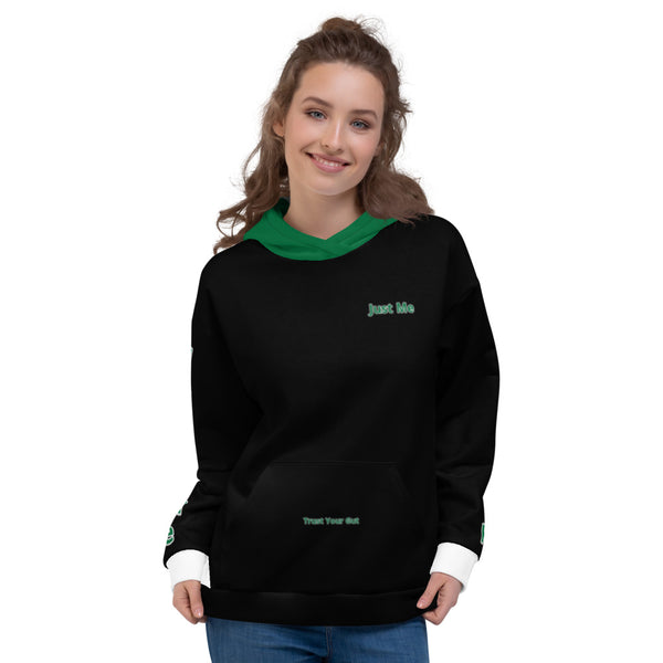 Hoodies4You "Just Me" "Trust Your Gut" Black w/White Cuffs and Forest Green Hood (SP)