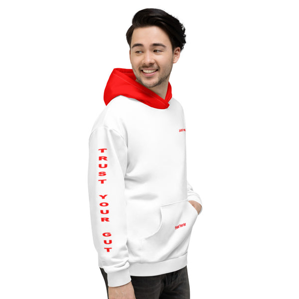 Hoodies4You "Just Me" "Trust Your Gut" White w/Red Letters and Red Hood